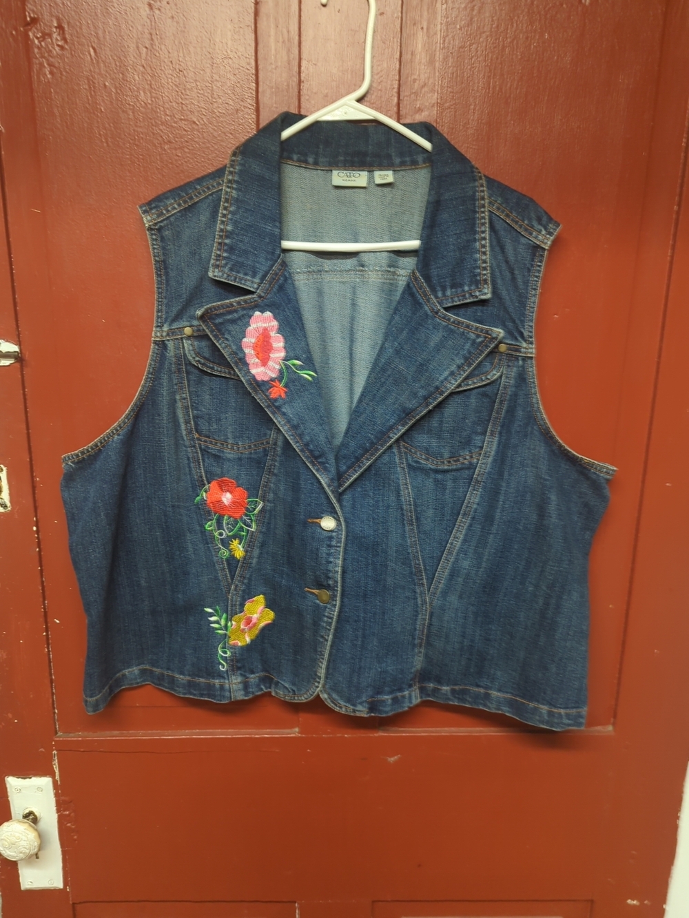 Cato Dark Blue Denim Vest with Floral Embroidery